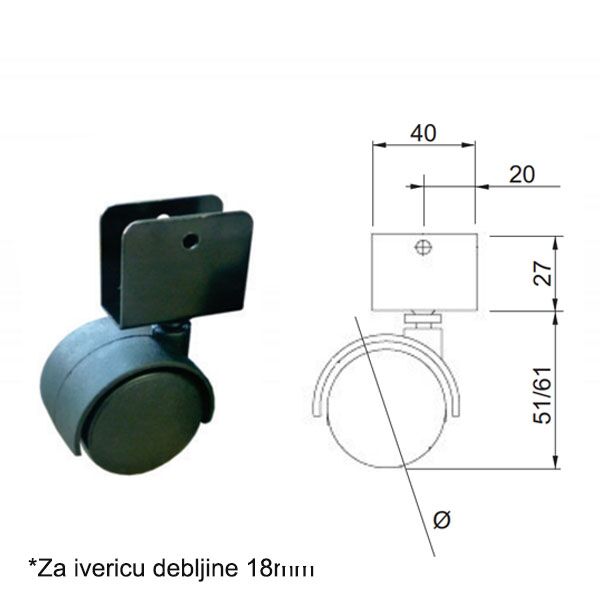 Točkić rotirajući T4107 Crna fi40mm Iverica 18mm OPD 0206452 - Image 2
